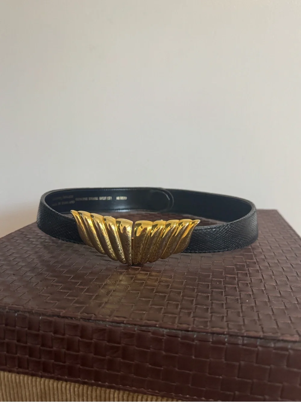 Women's Black Genuine Snakeskin Leather Belt with Gold Sculpted Buckle